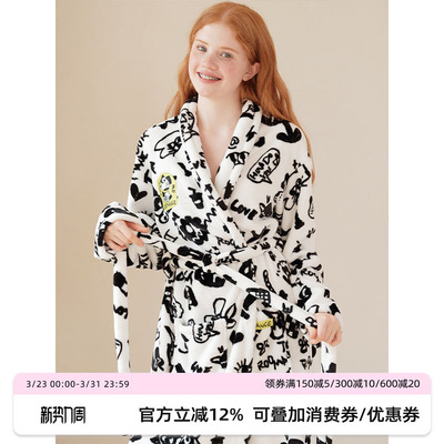 涂鸦印花法兰绒睡袍汝曼司男女