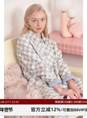 明星同款RooMance汝曼司棋盘格雪尼绒睡衣女冬季加厚可外穿家居服