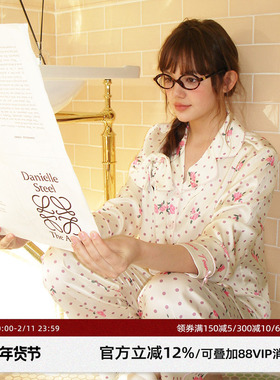 RooMance汝曼司 原创波点米玫瑰印花绸缎睡衣女款秋冬翻领家居服