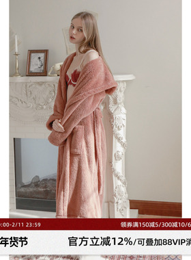 RooMance汝曼司 珊瑚绒睡袍女冬季保暖睡衣长款双面加绒连帽睡袍