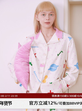 RooMance汝曼司 原创米色印花雪尼绒睡衣女冬季加厚情侣装家居服