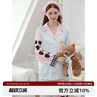 RooMance汝曼司 原创粉蓝甜格蝴蝶结印花睡衣女绸缎家居服可外穿