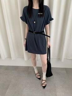 夏【 eternal西子】圆领荷叶袖短袖宽松口袋带标分割线中裙连衣裙