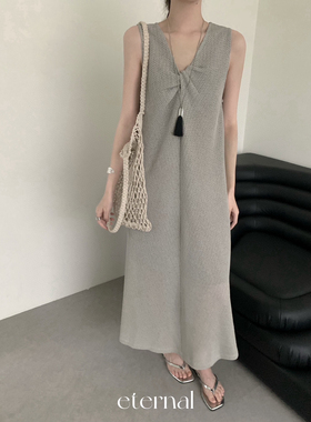 西子】胸前纽结网纱内衬宽松质感纯色气质中长款背心连衣裙50809#