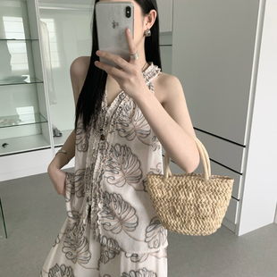 eternal.西子-挂脖度假风背心新款小衫(植物系印花挂脖上衣)52072