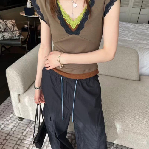 杭楚-接假两件背心女夏季新款修身显瘦百搭飞袖上衣短袖T恤91269#