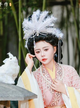 如薇新款白色羽毛仙气凤凰发冠广寒仙子嫦娥造型头饰古风汉服发饰