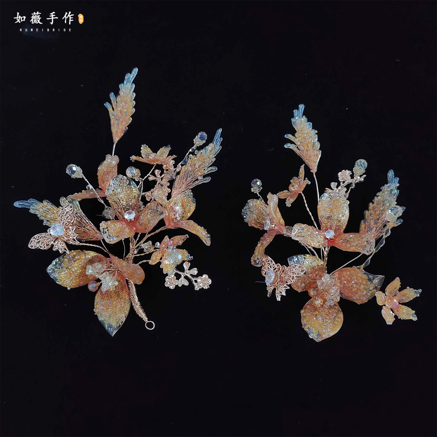 新款水晶叶片花朵对夹发饰手工超仙新娘头饰透明闪亮婚纱饰品造型