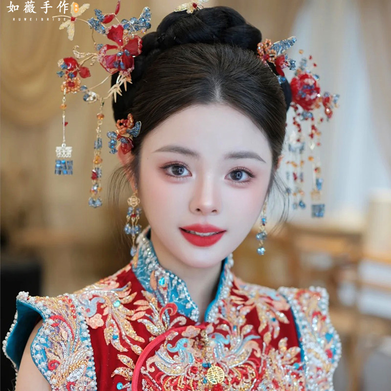 新款新娘中式头饰秀禾服龙凤褂红色发簪古风发饰汉服马面裙配饰品