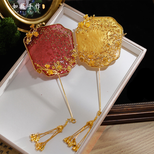 新款新中式秀禾旗袍迷你扇子晨袍造型拍照手持巴掌团扇送新娘结婚