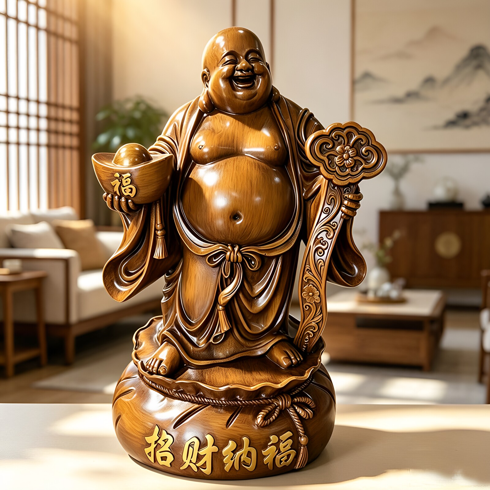 招财纳福弥勒佛佛像摆件大肚菩萨客厅旺宅办公室书架桌面吉祥装饰