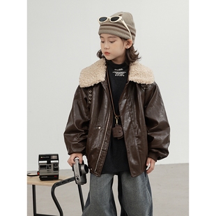 大童夹克冬季 冬装 加厚男孩潮 男童夹棉外套皮衣2026秋冬新款 儿童装