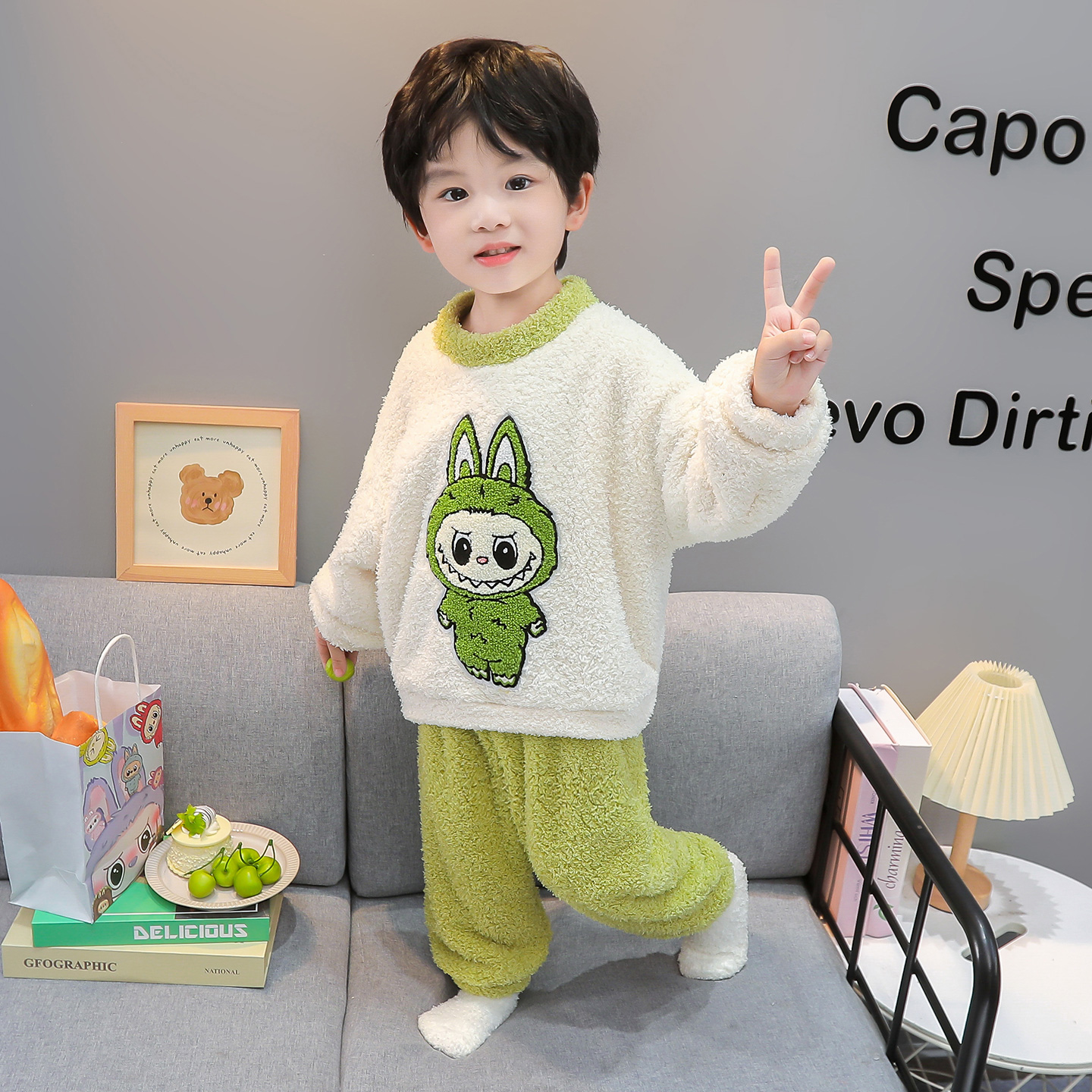 儿童睡衣男童秋冬款2025新款珊瑚绒宝宝卡通拉布布家居服套装外穿
