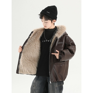 冬季 冬装 加厚夹克大童男孩潮 男童加绒皮衣外套2026秋冬新款 儿童装