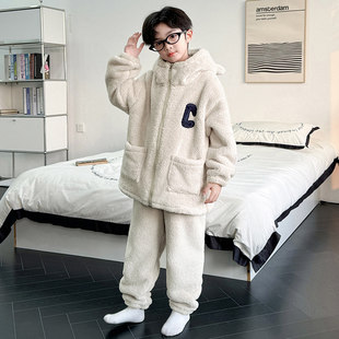 儿童装男童睡衣冬季家居服加绒男孩珊瑚绒加厚大童秋冬款法兰绒潮