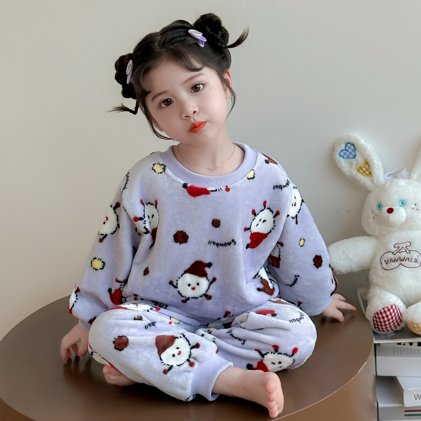 儿童睡衣女童秋冬款珊瑚绒可爱小雪人宝宝卡通家居服套装2025新款