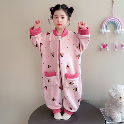 儿童睡衣女童秋冬款2025新款加厚珊瑚绒家居服中小童连体衣爬爬服
