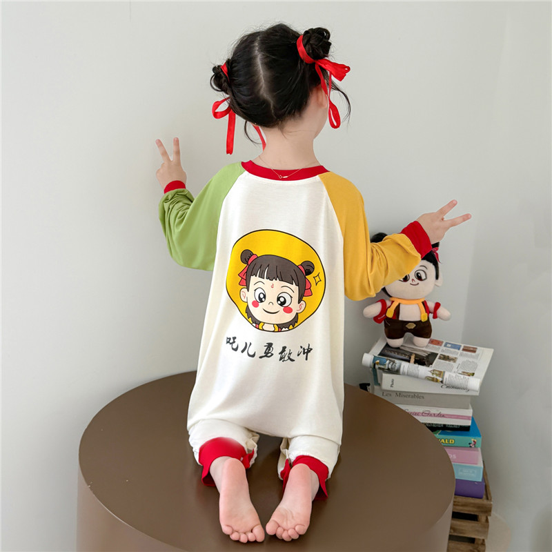 儿童睡衣连体衣哪吒女童春夏秋长款长袖长裤宝宝女男孩家居服睡袋