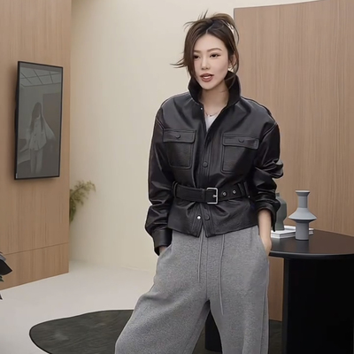 宋佳同款进口绵羊皮皮衣2025春新款收腰显瘦机车皮夹克短款外套女