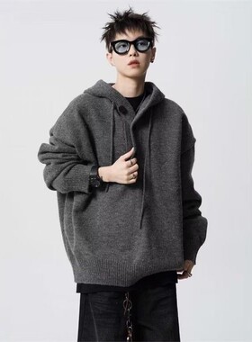 Anniehall official早起工作室屌丝文艺男纯色连帽针织衫美式毛衣