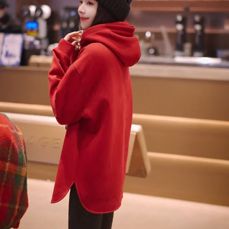 加绒红色连帽卫衣女内搭秋冬新款2025爆款时尚洋气韩系小个子外套