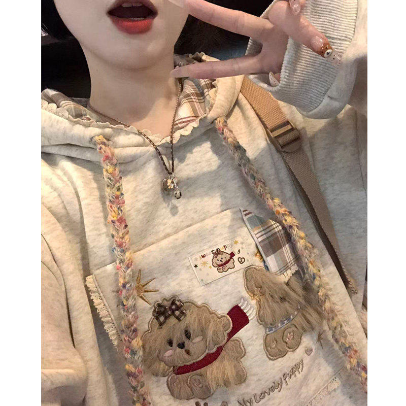 口袋毛绒小狗连帽卫衣女秋冬新款韩系贴布绣加绒学院风外套上衣潮,女装/女士精品,卫衣/绒衫,淘宝优惠券,粉丝福利购,淘宝优惠卷