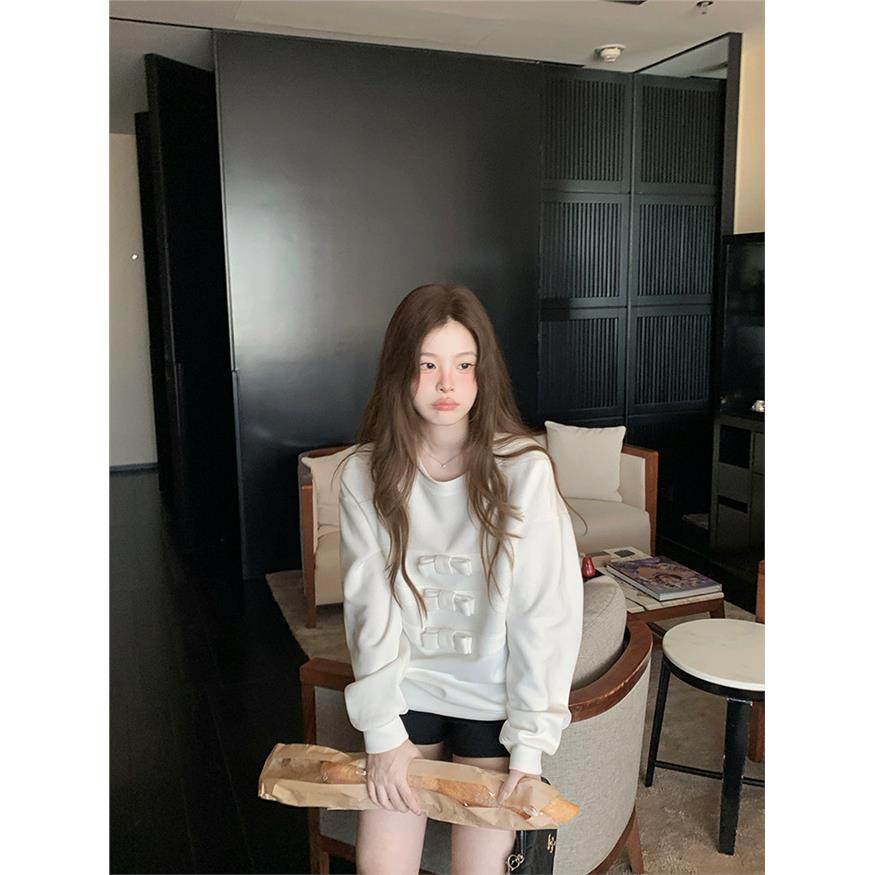 sasaouni蝴蝶结圆领长袖白色卫衣女2025新款巨好看的无帽短款上衣,女装/女士精品,卫衣/绒衫,淘宝优惠券,粉丝福利购,淘宝优惠卷