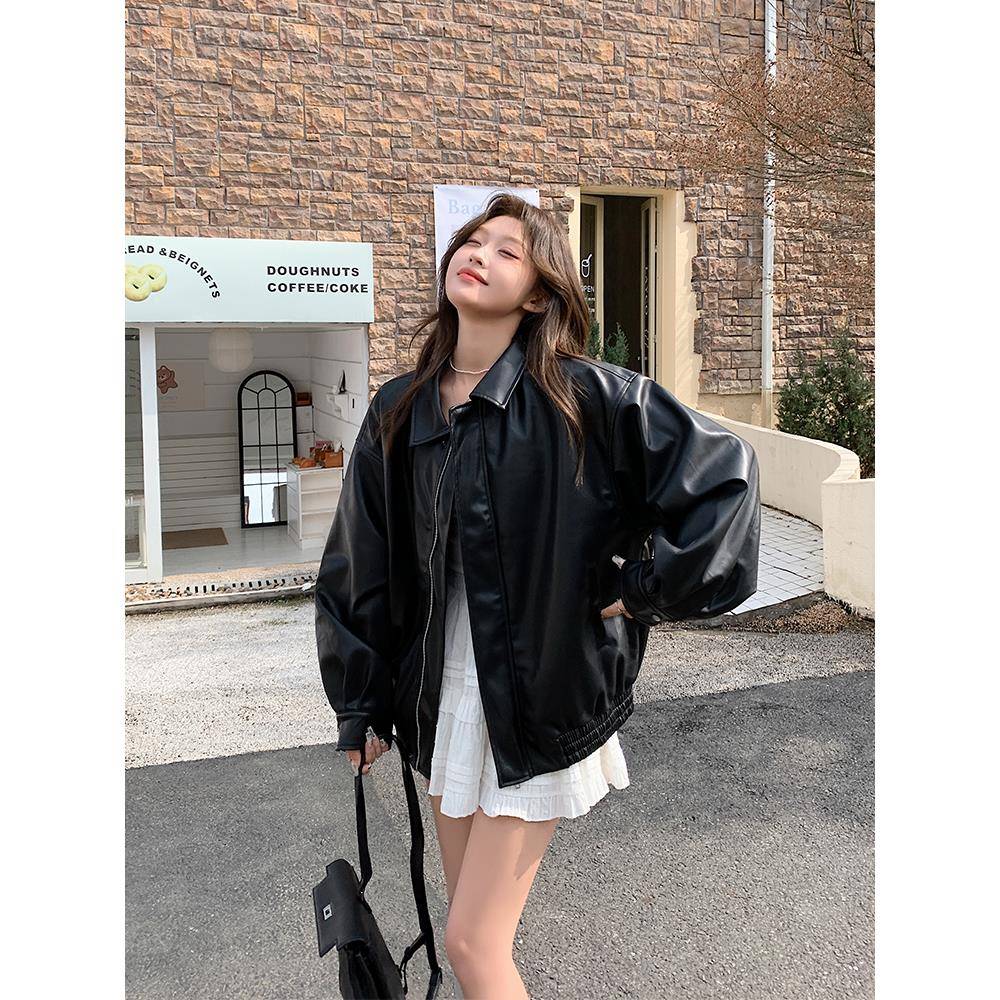 皮衣外套女黑色短款小个子202皮衣