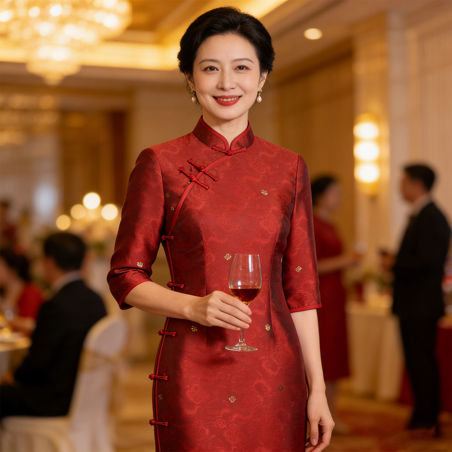 中国风喜妈妈旗袍春秋新款复古提花红色日常改良长款全开襟连衣裙