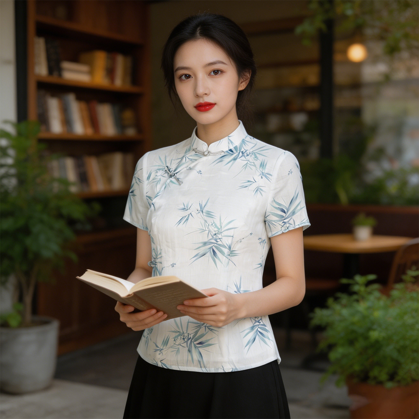 复古风改良旗袍上衣女夏季新中式竹叶印花短袖日常透气图片