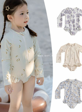 RC泳装女童宝宝夏季连体泳衣 碎花婴儿女孩长袖防晒衣洋气游泳衣