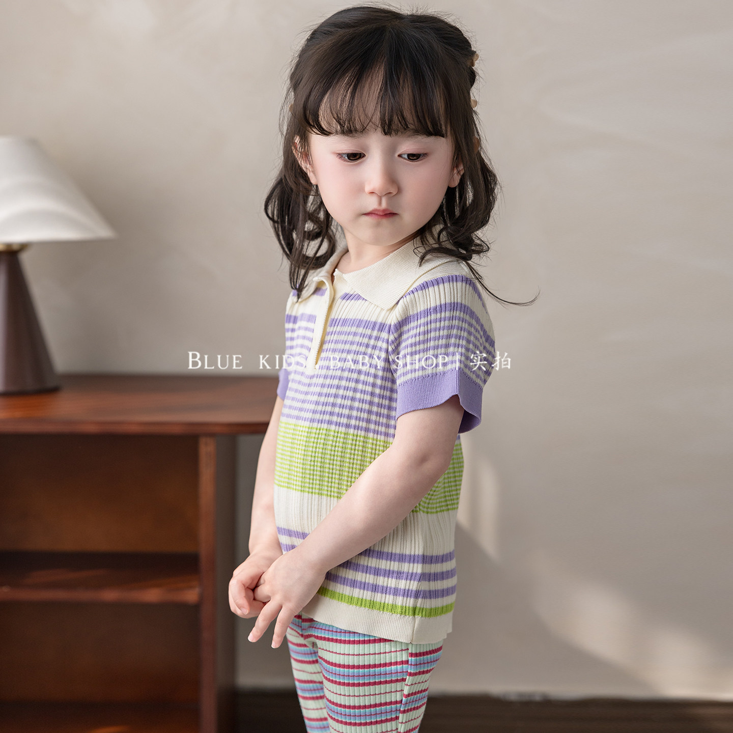 女童夏季短袖针织衫2026新款莱赛尔POLO衫儿童条纹T恤清爽透气夏
