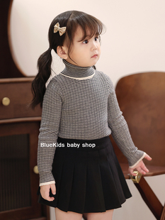 24年春季新款 男女童含30%羊毛高领针织衫黑白条纹打底衫宝宝内搭