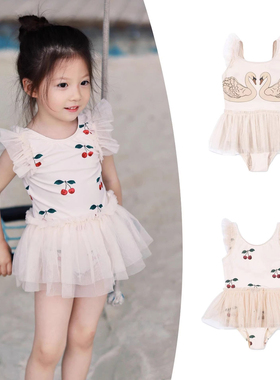 丹麦Konges新款 宝宝连体泳衣夏天防晒儿童花边背心女童沙滩泳装