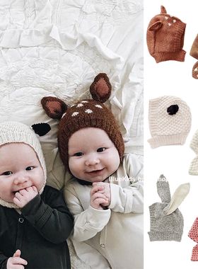 羊毛围脖 秋冬男女婴儿童宝宝柔软可爱小鹿围巾连脖护耳针织帽子