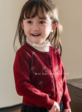 100%羊毛开衫手工串珠小樱桃红色针织衫甜美可爱女童毛线衣外套春