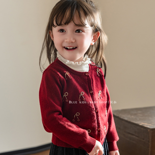 100%羊毛开衫手工串珠小樱桃红色针织衫甜美可爱女童毛线衣外套春