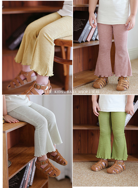 2025早秋新款  女童薄款软糯高弹竹节棉坑条复古喇叭裤儿童防蚊裤