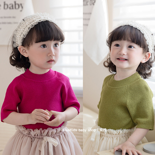 清爽亚麻 短袖针织衫女童夏季凉快T恤衫 百搭薄款高弹坑条上衣服