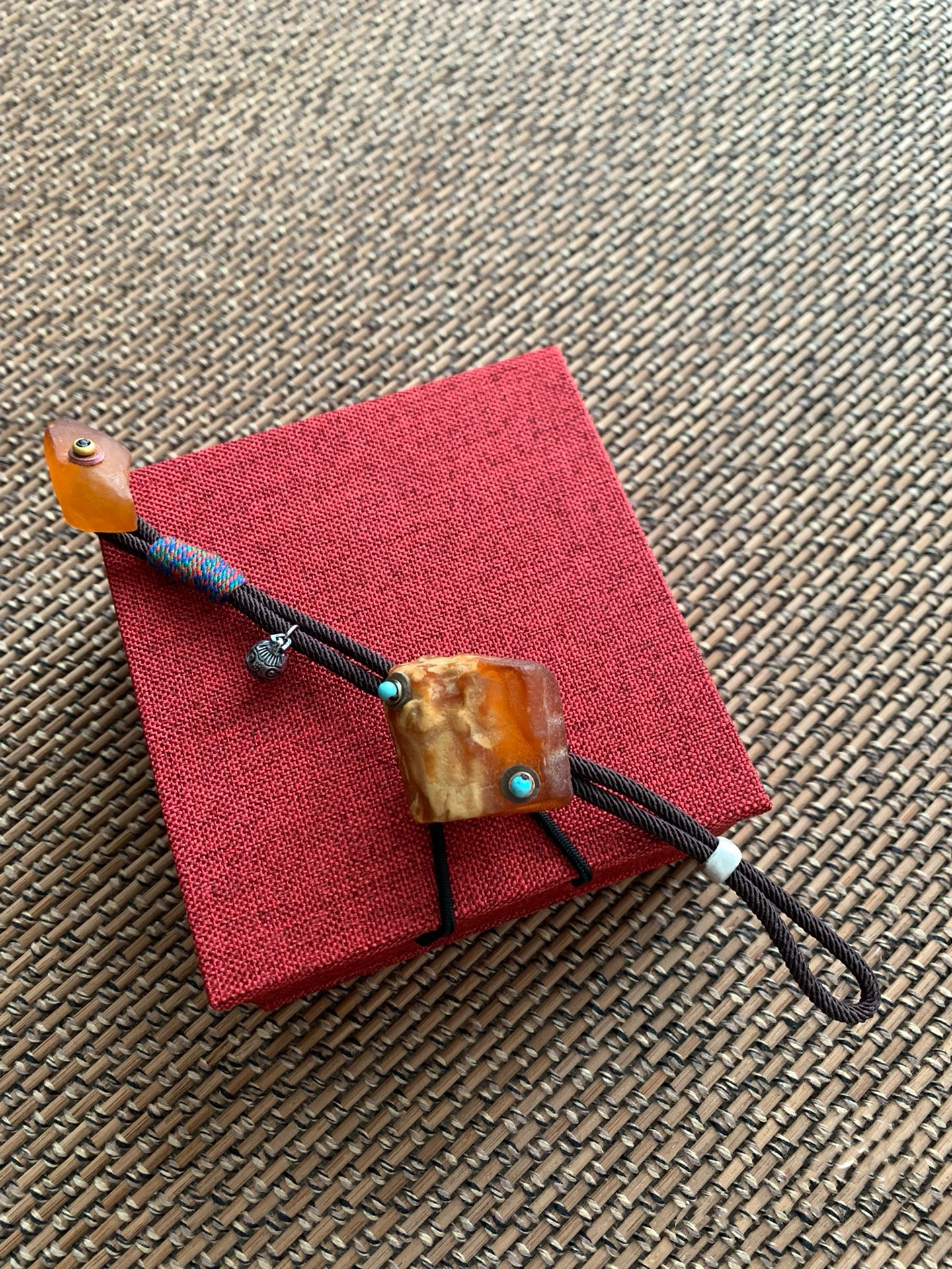 天然花蜡蜜蜡原矿原石方块手链手工编织绳手串925银绿松石饰品