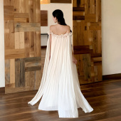 一字肩连衣裙法式 裙子 新娘晨袍礼服裙订婚重工飘带度假风拖地长款