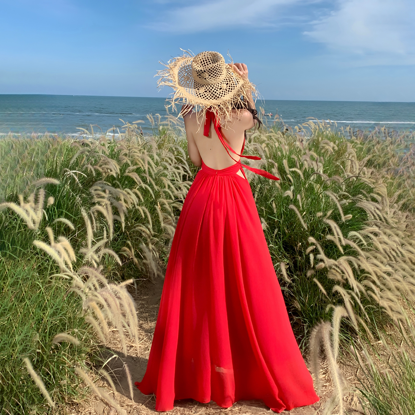 现货秒发！红色露背旅游度假长裙