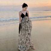 新中式 水墨碎花度假风露背吊带连衣裙旅游拍照长裙三亚海边沙滩裙