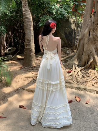 Beautiful Beach Dress with Straps, Vacation Maxi Dress, White Fairy-Like Floor-Length Dress for Photoshoots, High-End Halter Neck Beach Dress