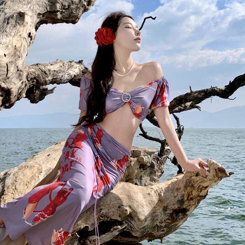 海边度假抹胸一字肩短袖裹胸长裙比基尼温泉带胸垫泳衣无钢托分体