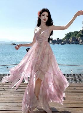 新款绝美三亚海边吊带裙沙滩拍照荷叶边连衣裙女长裙度假裙沙滩裙