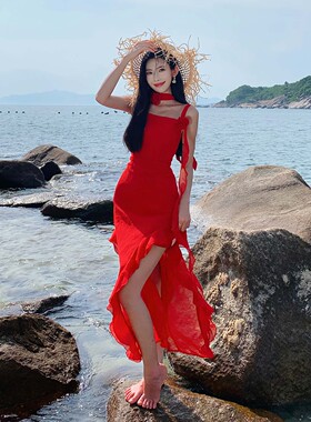 性感沙滩裙裙女拍照红色海边连衣裙长裙礼服裙度假吊带海岛新款