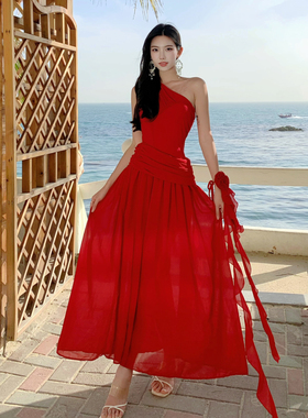 三亚海边度假连衣裙红色沙滩裙收腰旅游海岛绝美穿搭ootd海滩超仙