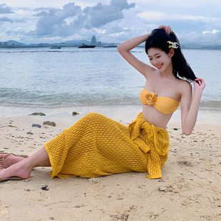 比基尼泳衣新款 泰国绝美黄色分体三件套性感长裙海岛度假风沙滩裙