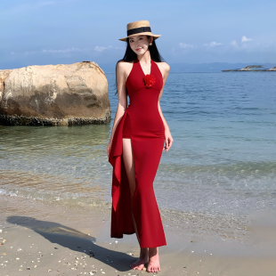 拍照度假 三亚海边性感红色挂脖连衣裙绝美沙滩长裙礼服女高级法式